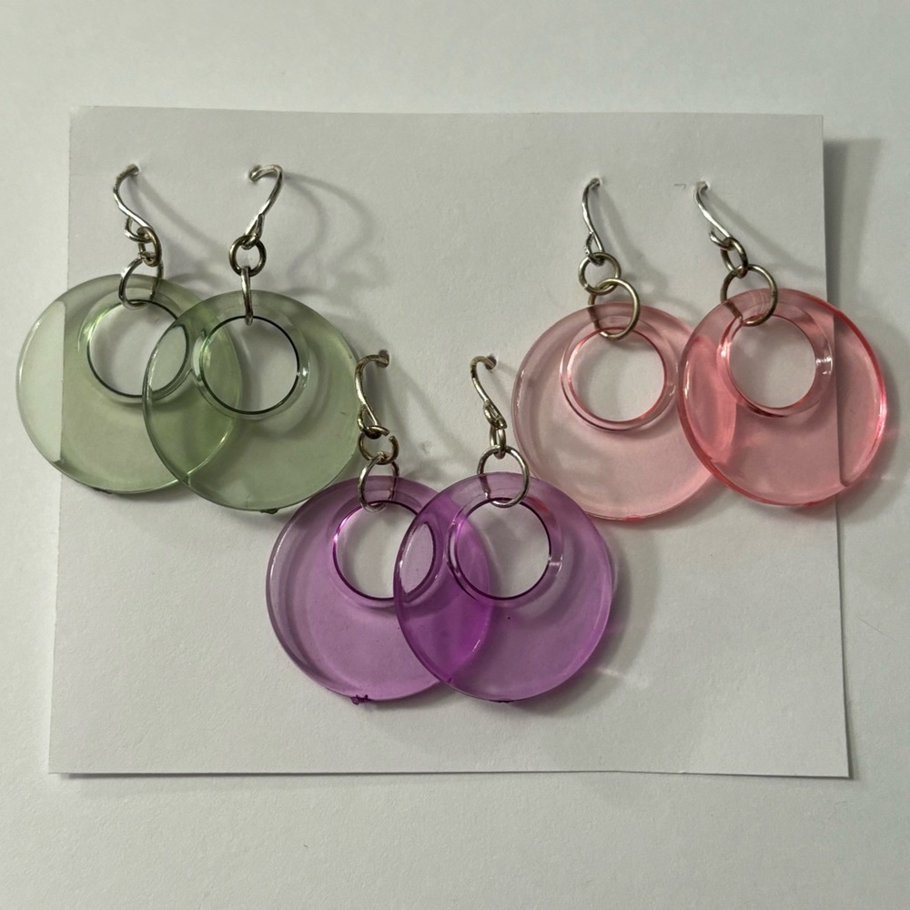 CLAIRE'S 3-Pack Green Purple & Pink Plastic Circle Hoop Dangle Earrings